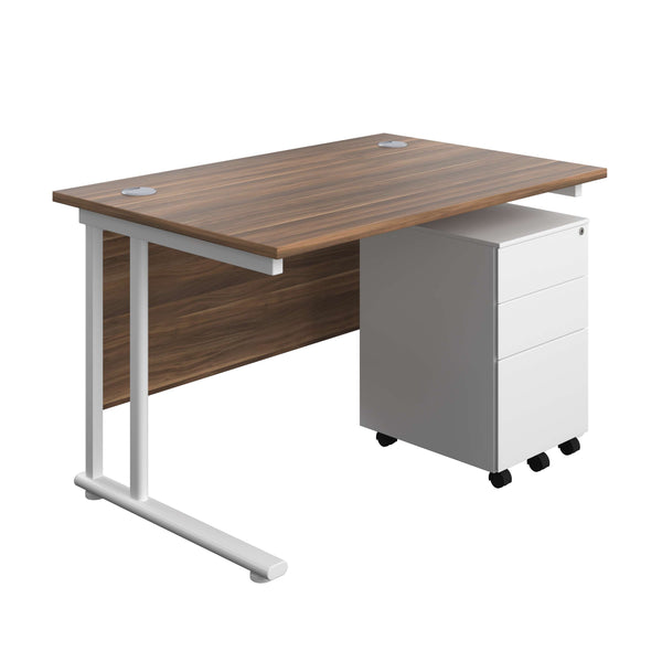 Twin Upright Rectangular Desk + Under Desk Steel Pedestal 3 Drawers (FSC) | 1200X800 | Dark Walnut/White
