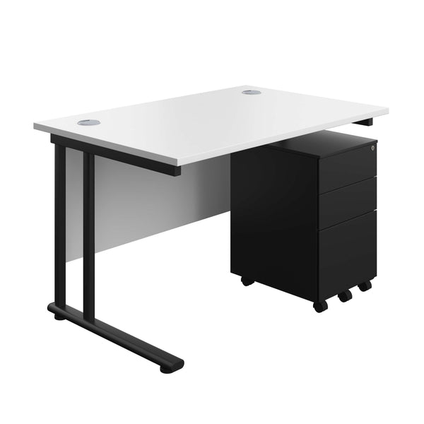 Twin Upright Rectangular Desk + Under Desk Steel Pedestal 3 Drawers (FSC) | 1200X800 | White/Black