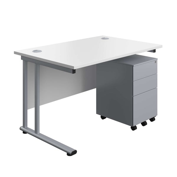 Twin Upright Rectangular Desk + Under Desk Steel Pedestal 3 Drawers (FSC) | 1200X800 | White/Silver