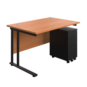 Twin Upright Rectangular Desk + Slimline Steel Pedestal 3 Drawers (FSC) | 1200X800 | Beech/Black
