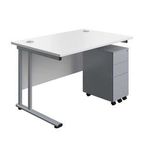 Twin Upright Rectangular Desk + Slimline Steel Pedestal 3 Drawers (FSC) | 1200X800 | White/Silver