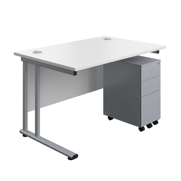 Twin Upright Rectangular Desk + Slimline Steel Pedestal 3 Drawers (FSC) | 1200X800 | White/Silver