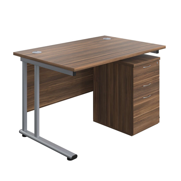 Twin Upright Rectangular Desk + High Mobile Pedestal 3 Drawer (FSC) | 1200X800 | Dark Walnut/Silver