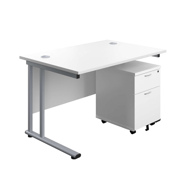Twin Upright Rectangular Desk + Mobile 2 Drawer Pedestal (FSC) | 1200X800 | White/Silver