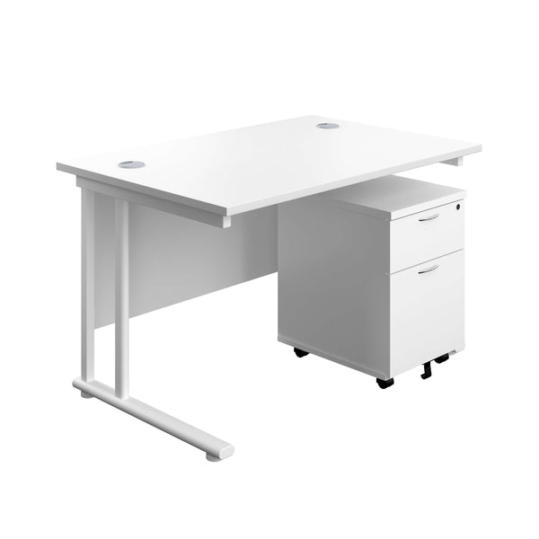 Twin Upright Rectangular Desk + Mobile 2 Drawer Pedestal (FSC) | 1200X800 | White/White