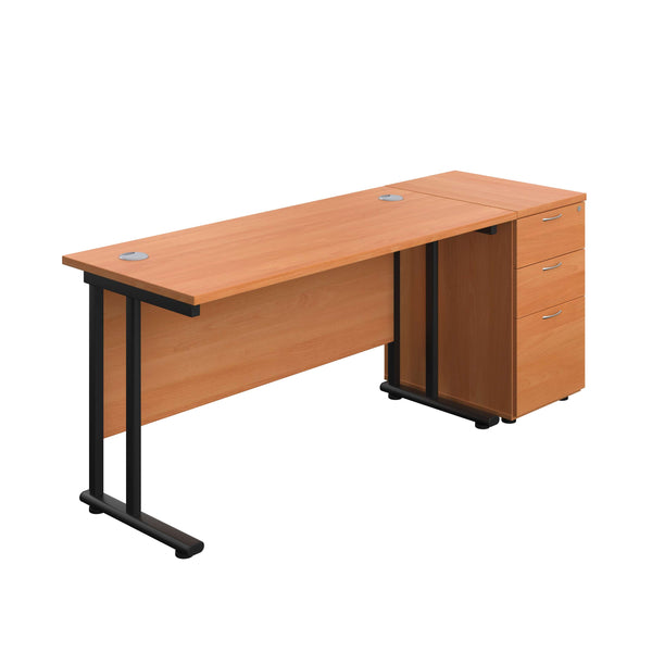 Twin Upright Rectangular Desk + Desk High 3 Drawer Pedestal (FSC) | 1400X600 | Beech/Black
