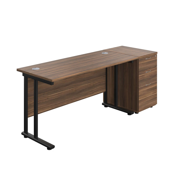 Twin Upright Rectangular Desk + Desk High 3 Drawer Pedestal (FSC) | 1400X600 | Dark Walnut/Black