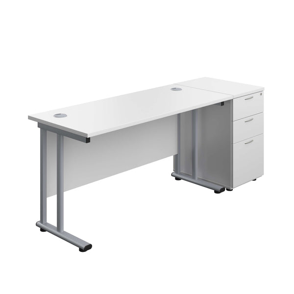 Twin Upright Rectangular Desk + Desk High 3 Drawer Pedestal (FSC) | 1400X600 | White/Silver