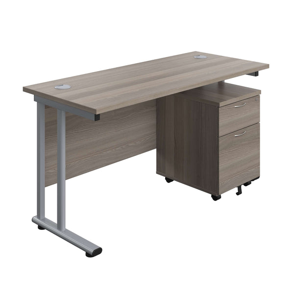 Twin Upright Rectangular Desk + Mobile 2 Drawer Pedestal (FSC) | 1400X600 | Grey Oak/Silver