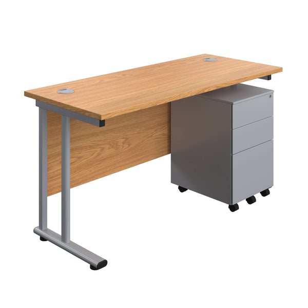 Twin Upright Rectangular Desk + Under Desk Steel Pedestal 3 Drawers (FSC) | 1400X600 | Nova Oak/Silver