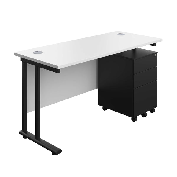 Twin Upright Rectangular Desk + Under Desk Steel Pedestal 3 Drawers (FSC) | 1400X600 | White/Black