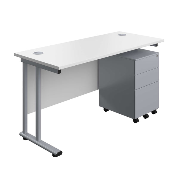 Twin Upright Rectangular Desk + Under Desk Steel Pedestal 3 Drawers (FSC) | 1400X600 | White/Silver