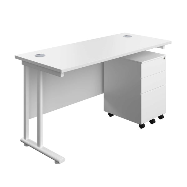 Twin Upright Rectangular Desk + Under Desk Steel Pedestal 3 Drawers (FSC) | 1400X600 | White/White