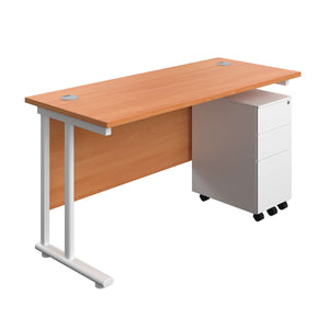 Twin Upright Rectangular Desk + Slimline Steel Pedestal 3 Drawers (FSC) | 1400X600 | Beech/White