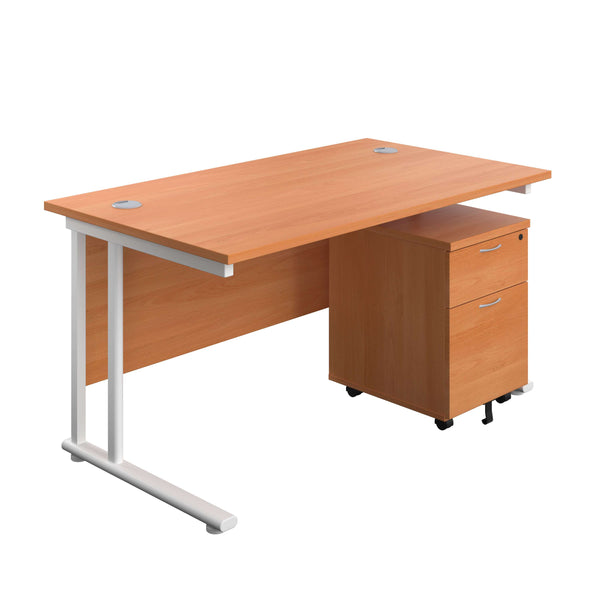 Twin Upright Rectangular Desk + Mobile 2 Drawer Pedestal (FSC) | 1400X800 | Beech/White