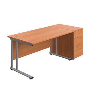 Twin Upright Rectangular Desk + Desk High 3 Drawer Pedestal (FSC) | 1400X800 | Beech/Silver