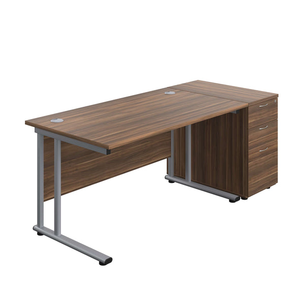 Twin Upright Rectangular Desk + Desk High 3 Drawer Pedestal (FSC) | 1400X800 | Dark Walnut/Silver