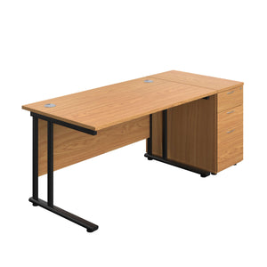Twin Upright Rectangular Desk + Desk High 3 Drawer Pedestal (FSC) | 1400X800 | Nova Oak/Black