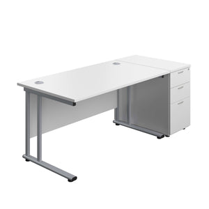 Twin Upright Rectangular Desk + Desk High 3 Drawer Pedestal (FSC) | 1400X800 | White/Silver