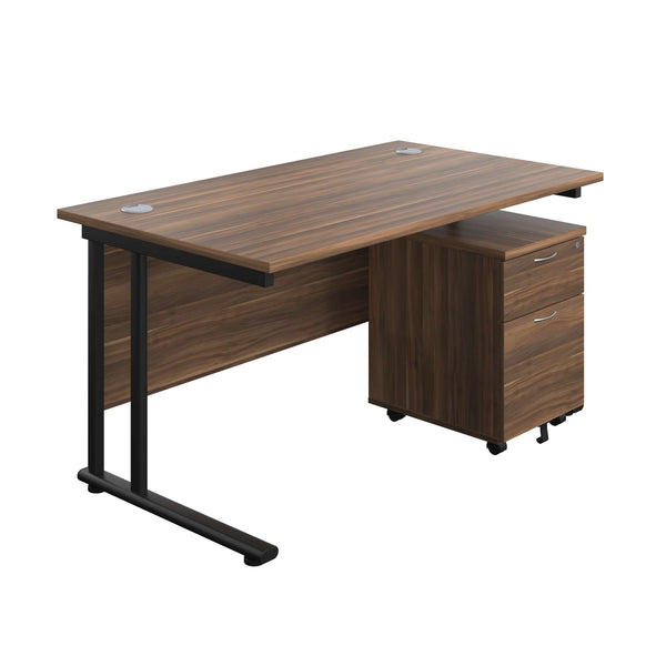 Twin Upright Rectangular Desk + Mobile 2 Drawer Pedestal (FSC) | 1400X800 | Dark Walnut/Black