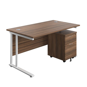 Twin Upright Rectangular Desk + Mobile 2 Drawer Pedestal (FSC) | 1400X800 | Dark Walnut/White