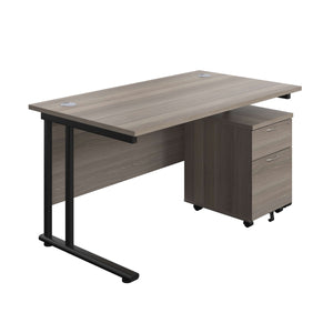 Twin Upright Rectangular Desk + Mobile 2 Drawer Pedestal (FSC) | 1400X800 | Grey Oak/Black