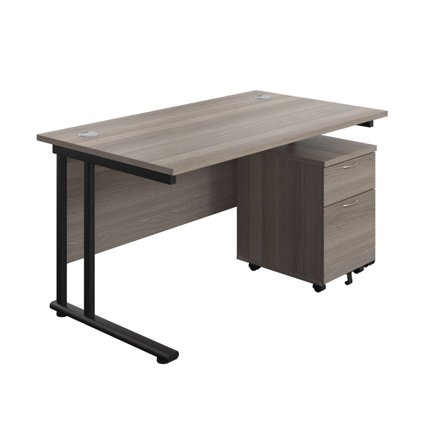 Twin Upright Rectangular Desk + Mobile 2 Drawer Pedestal (FSC) | 1400X800 | Grey Oak/Black