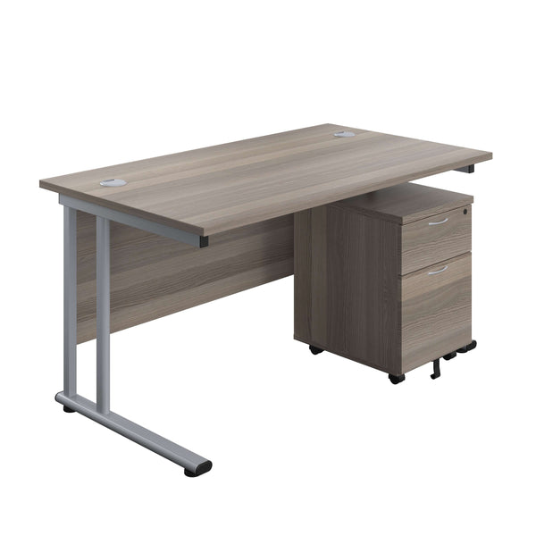 Twin Upright Rectangular Desk + Mobile 2 Drawer Pedestal (FSC) | 1400X800 | Grey Oak/Silver