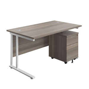 Twin Upright Rectangular Desk + Mobile 2 Drawer Pedestal (FSC) | 1400X800 | Grey Oak/White