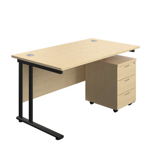 Twin Upright Rectangular Desk + Mobile 3 Drawer Pedestal (FSC) | 1400X800 | Maple/Black