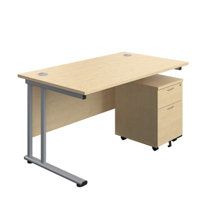 Twin Upright Rectangular Desk + Mobile 2 Drawer Pedestal (FSC) | 1400X800 | Maple/Silver