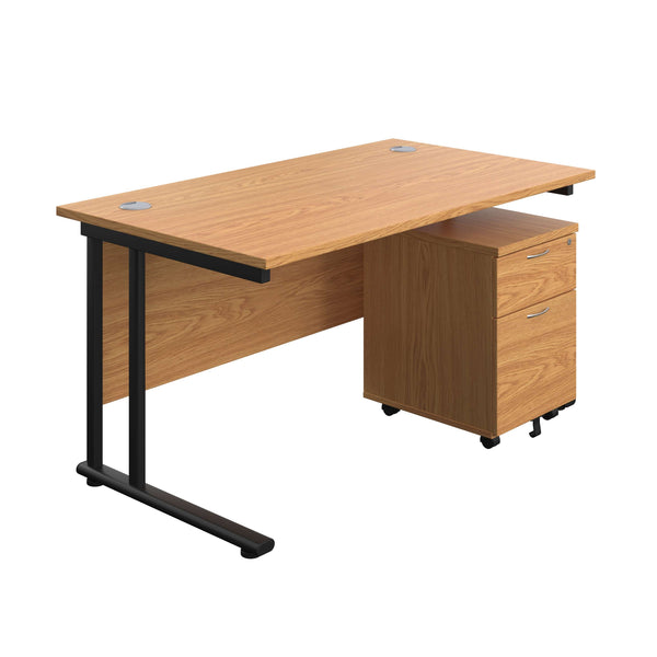 Twin Upright Rectangular Desk + Mobile 2 Drawer Pedestal (FSC) | 1400X800 | Nova Oak/Black