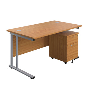 Twin Upright Rectangular Desk + Mobile 2 Drawer Pedestal (FSC) | 1400X800 | Nova Oak/Silver