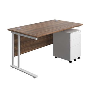 Twin Upright Rectangular Desk + Under Desk Steel Pedestal 3 Drawers (FSC) | 1400X800 | Dark Walnut/White