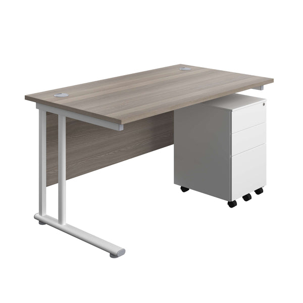 Twin Upright Rectangular Desk + Under Desk Steel Pedestal 3 Drawers (FSC) | 1400X800 | Grey Oak/White