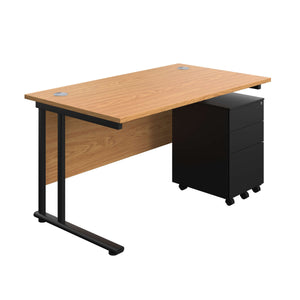 Twin Upright Rectangular Desk + Under Desk Steel Pedestal 3 Drawers (FSC) | 1400X800 | Nova Oak/Black
