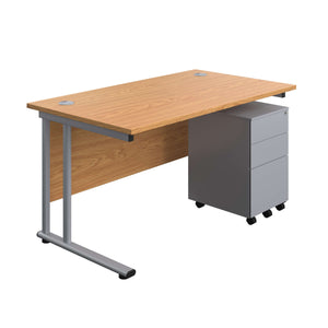 Twin Upright Rectangular Desk + Under Desk Steel Pedestal 3 Drawers (FSC) | 1400X800 | Nova Oak/Silver