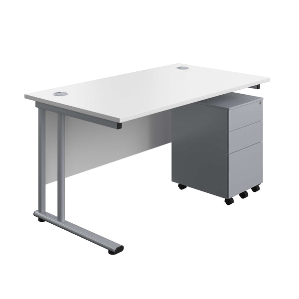 Twin Upright Rectangular Desk + Under Desk Steel Pedestal 3 Drawers (FSC) | 1400X800 | White/Silver