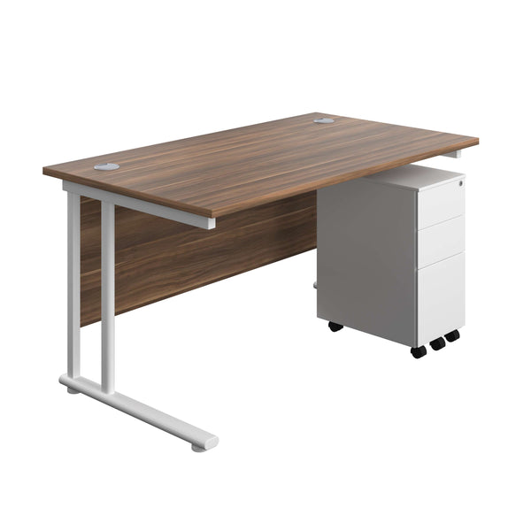 Twin Upright Rectangular Desk + Slimline Steel Pedestal 3 Drawers (FSC) | 1400X800 | Dark Walnut/White