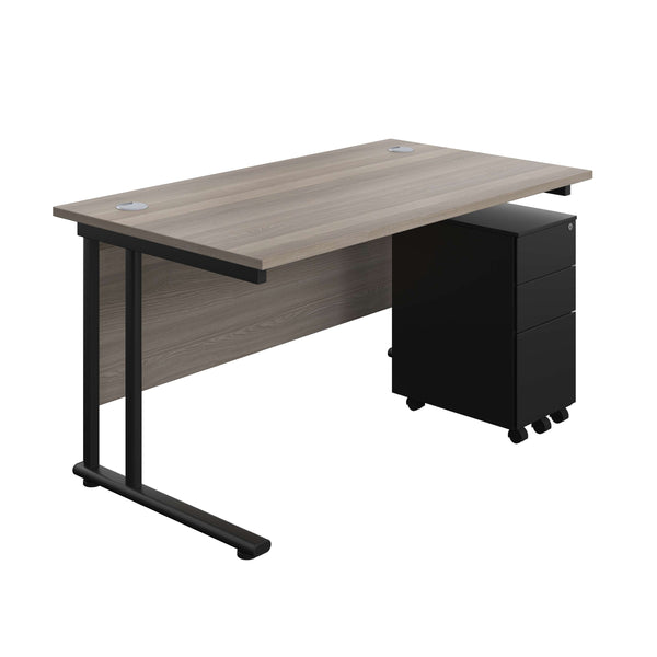 Twin Upright Rectangular Desk + Slimline Steel Pedestal 3 Drawers (FSC) | 1400X800 | Grey Oak/Black