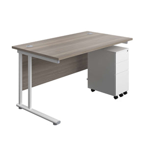 Twin Upright Rectangular Desk + Slimline Steel Pedestal 3 Drawers (FSC) | 1400X800 | Grey Oak/White