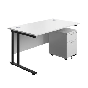 Twin Upright Rectangular Desk + Mobile 2 Drawer Pedestal (FSC) | 1400X800 | White/Black