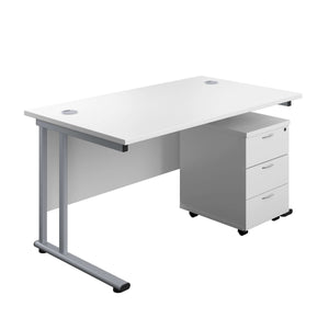Twin Upright Rectangular Desk + Mobile 3 Drawer Pedestal (FSC) | 1400X800 | White/Silver
