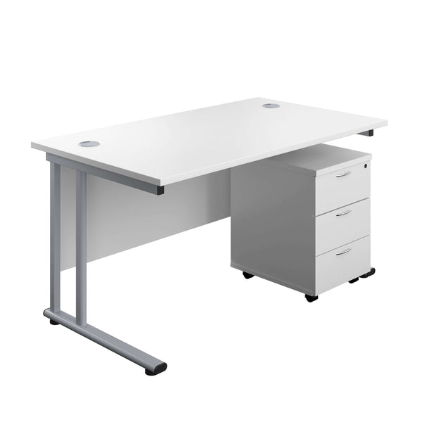 Twin Upright Rectangular Desk + Mobile 3 Drawer Pedestal (FSC) | 1400X800 | White/Silver
