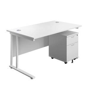 Twin Upright Rectangular Desk + Mobile 2 Drawer Pedestal (FSC) | 1400X800 | White/White