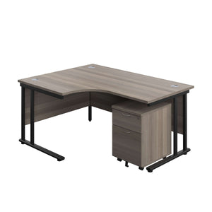 Twin Upright Left Hand Radial Desk + Mobile 2 Drawer Pedestal (FSC) | 1600X1200 | Grey Oak/Black