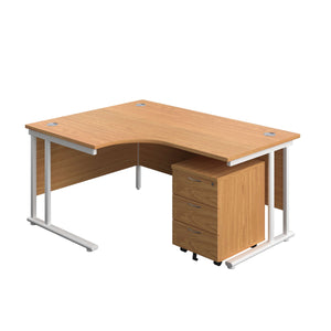 Twin Upright Left Hand Radial Desk + Mobile 3 Drawer Pedestal (FSC) | 1600X1200 | Nova Oak/White