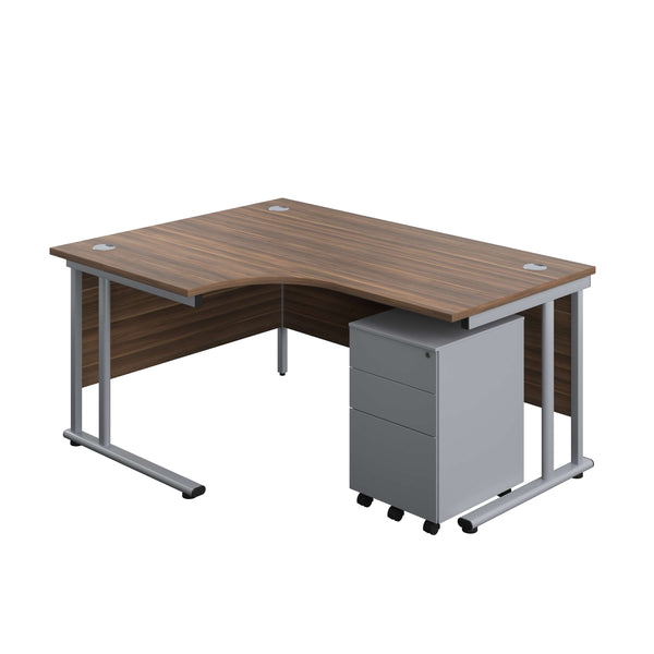Twin Upright Left Hand Radial Desk + Under Desk Steel Pedestal 3 Drawers (FSC) | 1600X1200 | Dark Walnut/Silver
