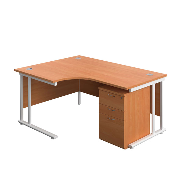 Twin Upright Left Hand Radial Desk + High Mobile Pedestal 3 Drawer (FSC) | 1600X1200 | Beech/White
