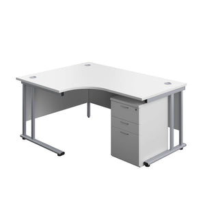 Twin Upright Left Hand Radial Desk + High Mobile Pedestal 3 Drawer (FSC) | 1600X1200 | White/Silver